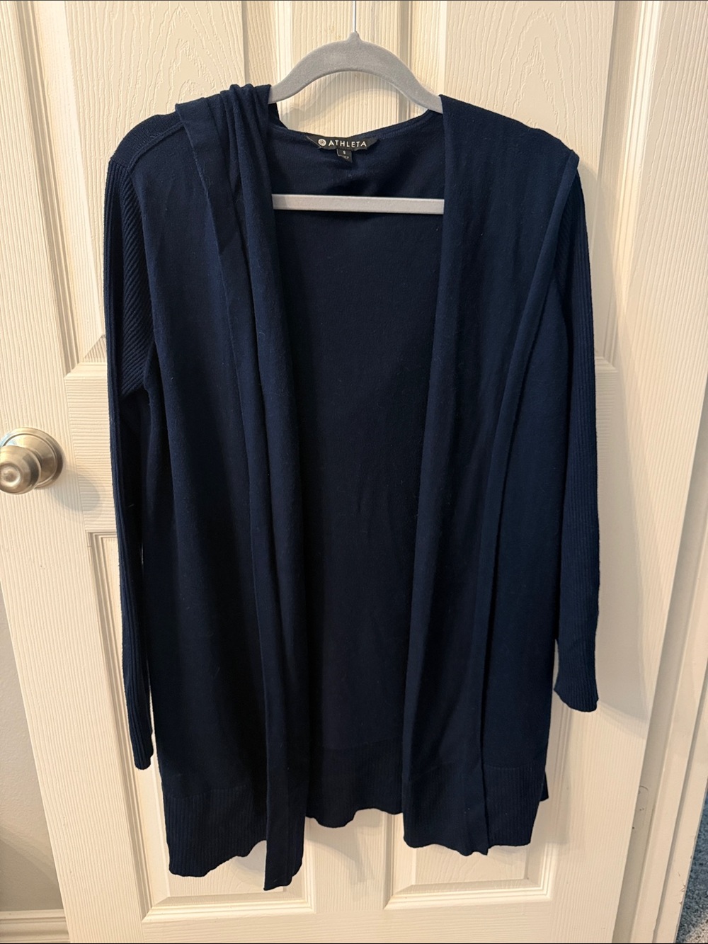 Athleta Navy Open Hooded Knit Cardigan